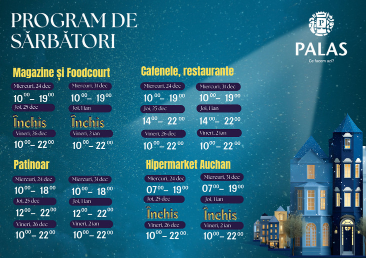  Program special de sărbători în proiectele IULIUS: patinoarul și restaurantele din Palas, Cinema City din Iulius Mall și McDrive-ul din Family Market Bucium, deschise în prima zi de Crăciun și pe 1 ianuarie 2026